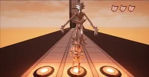 Stylised game character stands on a glowing circular platform in an orange desert scene.