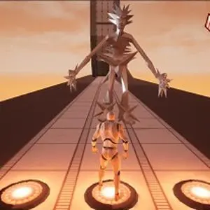 Stylised game character stands on a glowing circular platform in an orange desert scene.