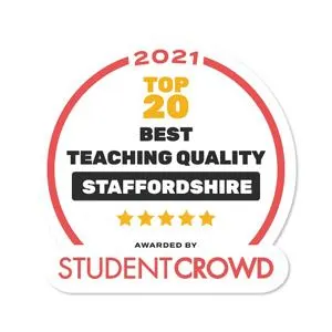 StudentCrowd badge reading '2021 Top 20 Best Teaching Quality Staffordshire.'