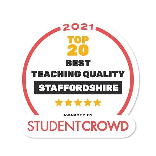 StudentCrowd badge reading '2021 Top 20 Best Teaching Quality Staffordshire.'