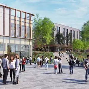 Impression of new buildings with people in foreground