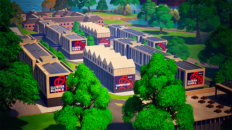 A virtual recreation of accommodation blocks surrounded by greenery