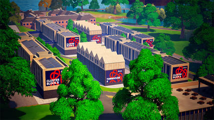 A virtual recreation of accommodation blocks surrounded by greenery