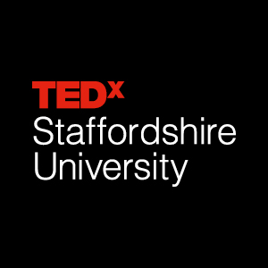Red and white logo on black created for TEDxStaffordshireUniversity