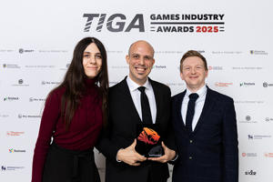 Dr Jennifer Challenor, Professor Chris Headleand and Dr Kieran Hicks with the TIGA trophy