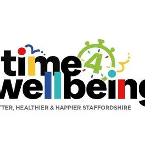 Colourful 'time 4 wellbeing' logo with the words 'Fitter, Healthier & Happier Staffordshire.'