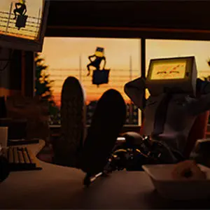 Tom Bloomfield's winning design of a robot security guard falling asleep at its desk while an intruder breaks in