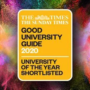 Colourful powder burst surrounds a Good University Guide 2020 'University of the Year Shortlisted' badge.
