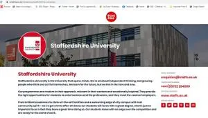 Screenshot of a Uni4Me profile page for Staffordshire University with campus image and contact details.