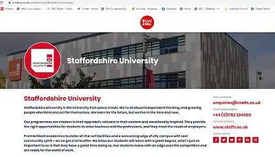 Screenshot of a Uni4Me profile page for Staffordshire University with campus image and contact details.