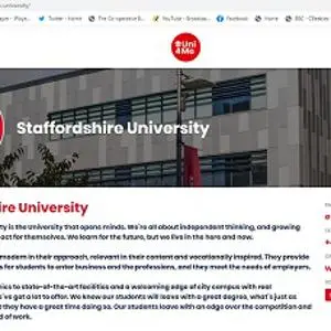Screenshot of a Uni4Me profile page for Staffordshire University with campus image and contact details.
