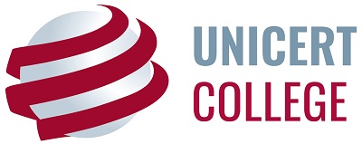 UNICERT College logo with a red and grey spherical emblem.