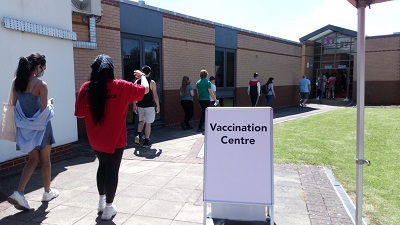 Students queuing to be vaccinated outside the LRV