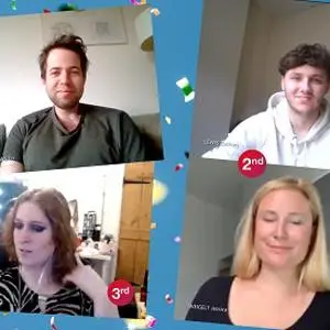 Four-person video-call collage marked with first-, second- and third-place labels.