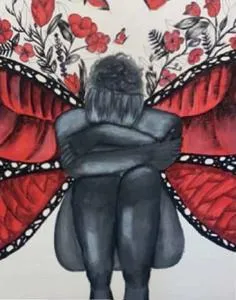 Drawing of a seated figure with large red butterfly wings surrounded by red flowers.