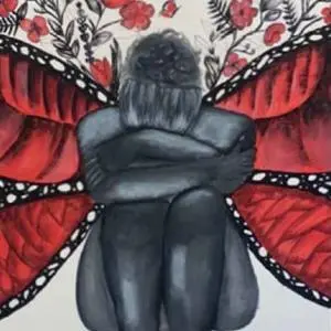 Drawing of a seated figure with large red butterfly wings surrounded by red flowers.