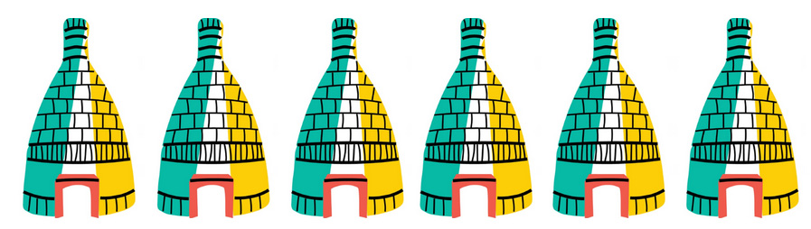 Repeated green, red, and yellow graphic images of bottle kilns.