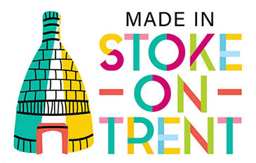 Made in Stoke-on-Trent logo, multicoloured letting with the image of a bottle kiln