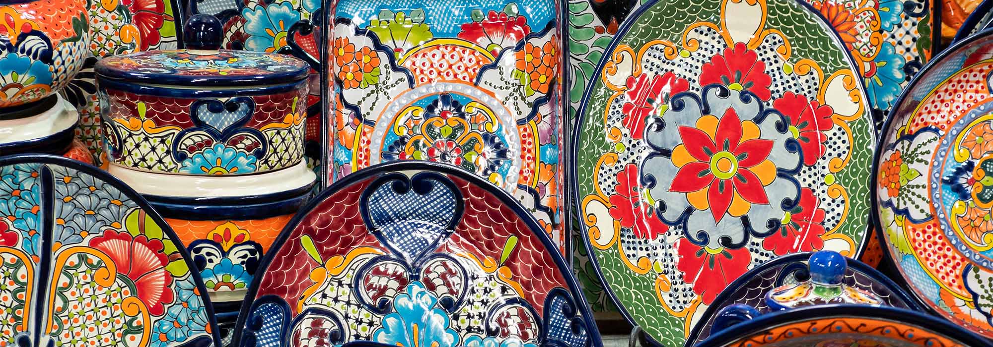 colourful plates on a stall