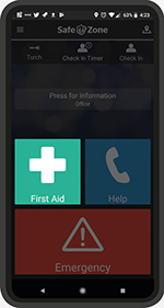 SafeZone app showing the first-aid button on mobile phone screen